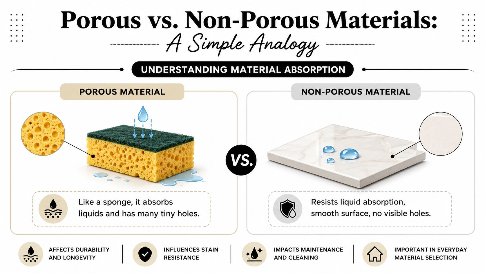 An infographic comparing porous sponge material to non-porous tile, explaining how each interacts with liquid absorption.