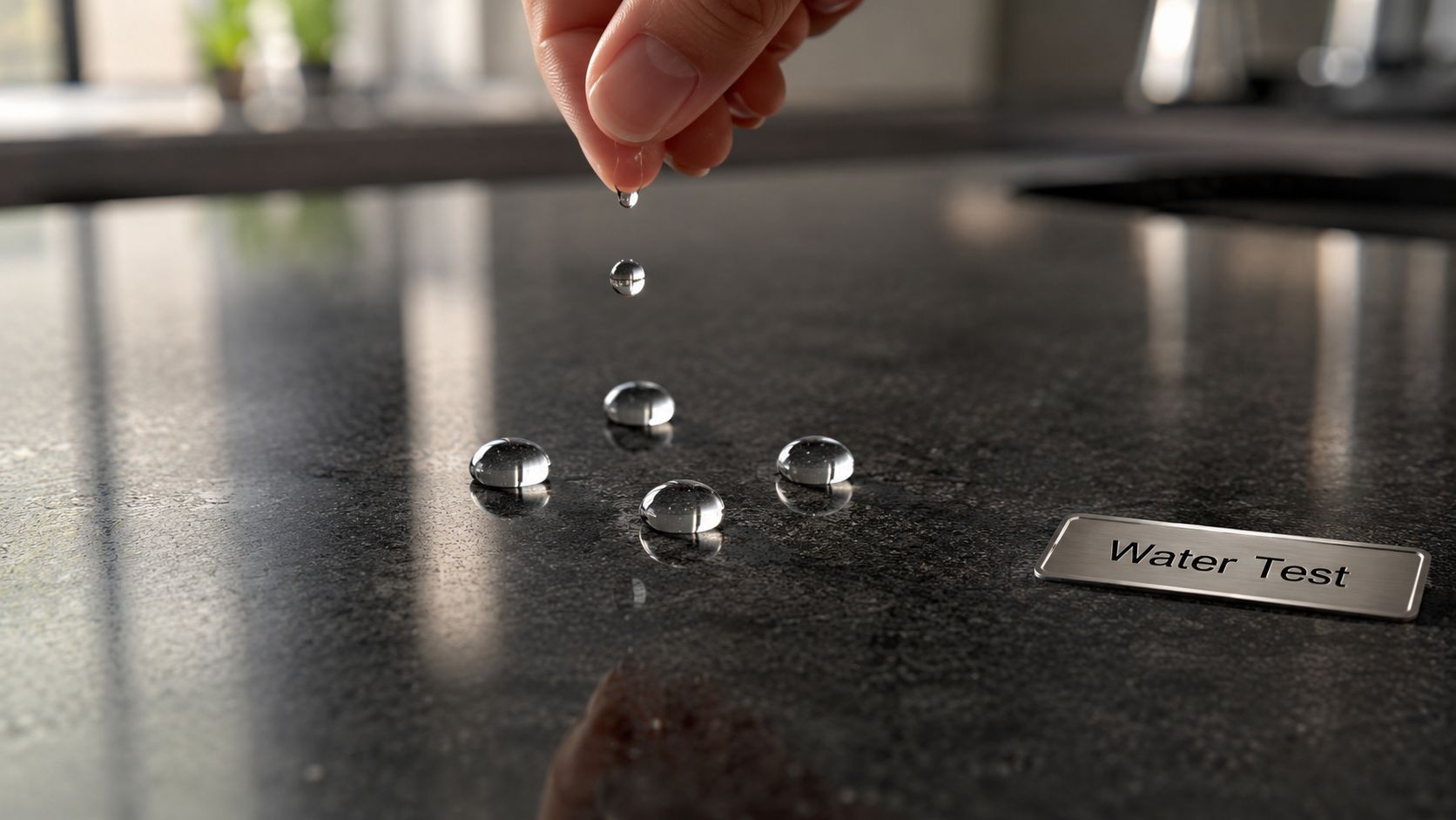 A hand drips water onto a dark, smooth granite surface, demonstrating a water test for porosity.