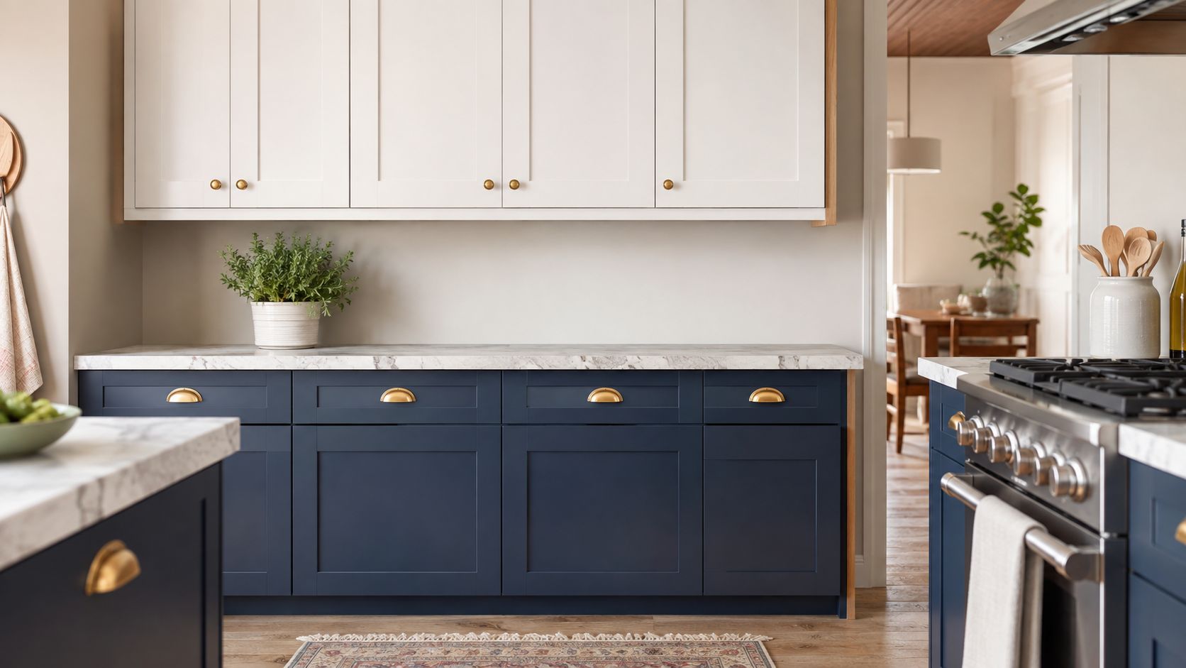 A bright, modern kitchen featuring white upper cabinets, deep blue lower cabinets, and marble countertops.