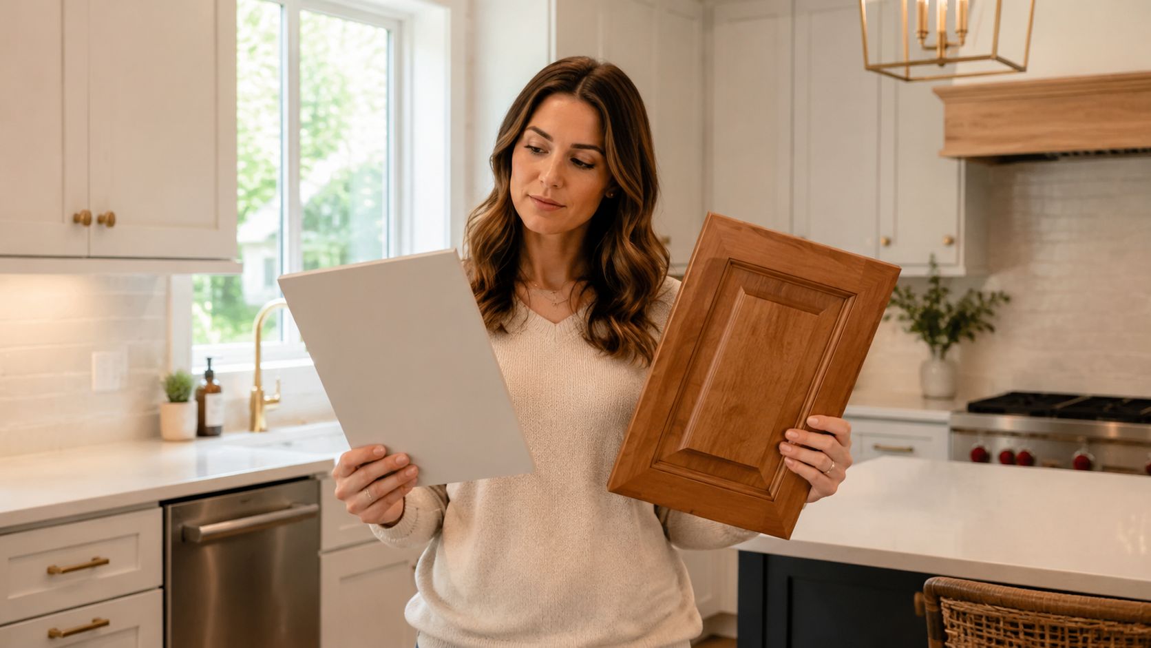 A woman in a kitchen compares a white cabinet sample to a stained cherry wood cabinet door.