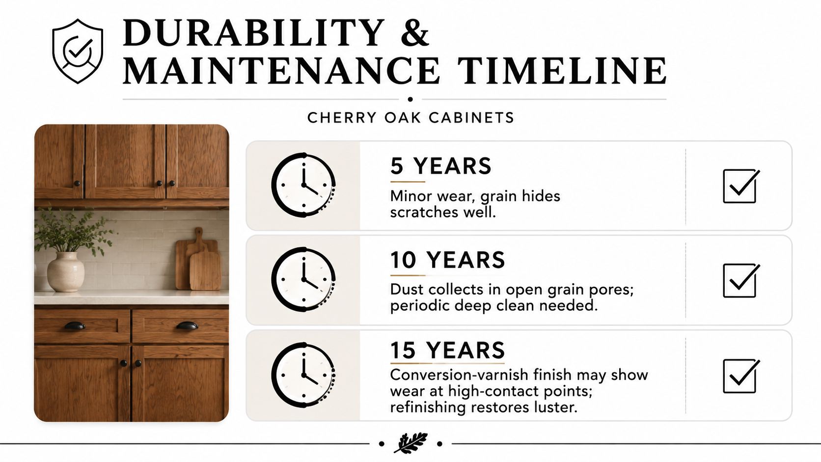 A durability and maintenance timeline infographic for cherry oak cabinets showing expectations at 5, 10, and 15 years.