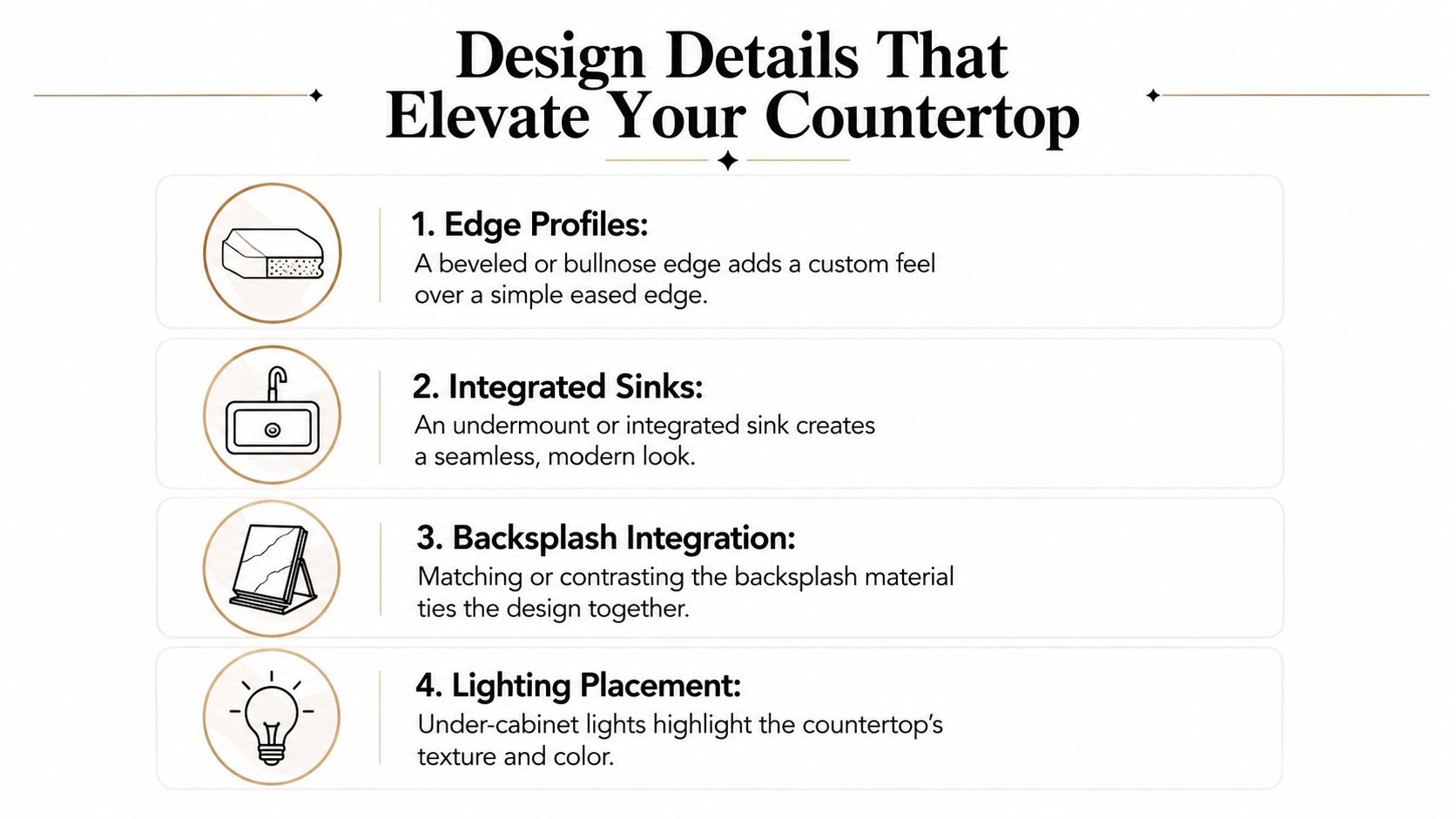 An infographic list titled Design Details That Elevate Your Countertop, featuring four tips with simple icons.