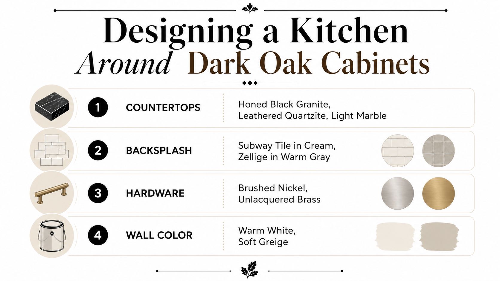 A design infographic providing four key recommendations for interior elements to pair with dark oak kitchen cabinets.