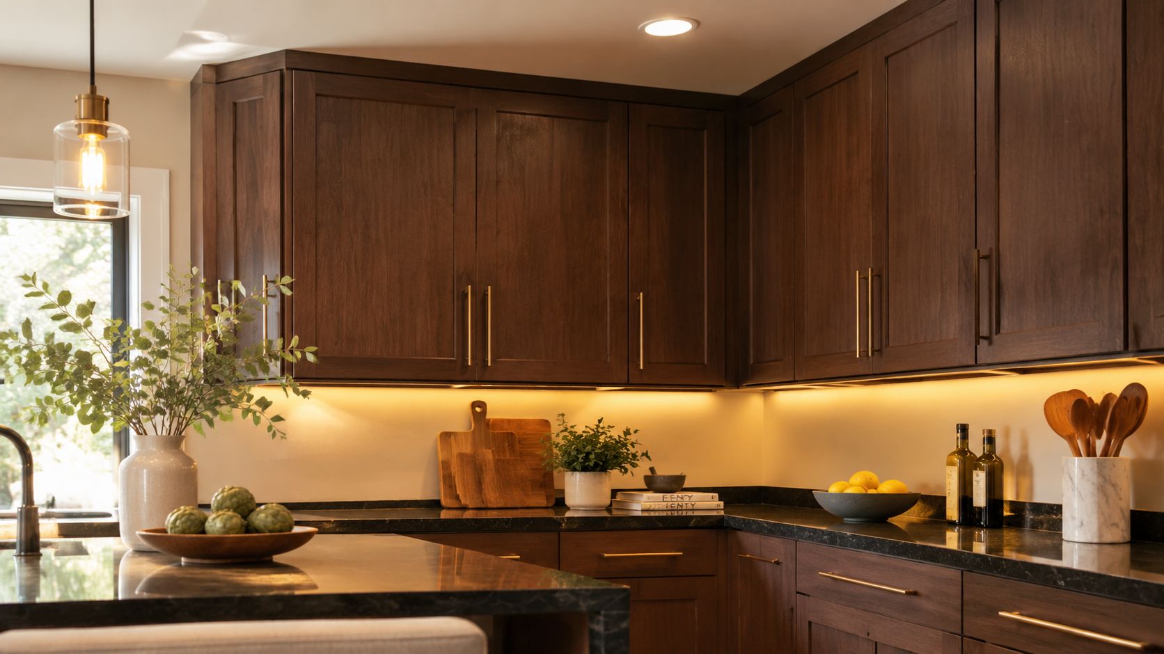 A modern kitchen featuring dark oak cabinets, under-cabinet lighting, marble countertop, and minimalist gold cabinet hardware.