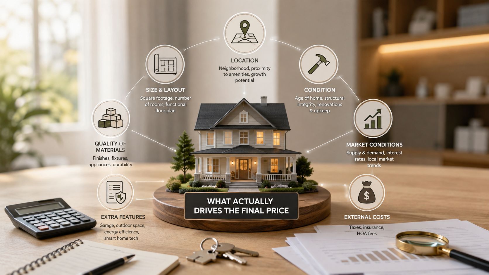 An infographic showing various factors that influence the final price of a residential real estate property.