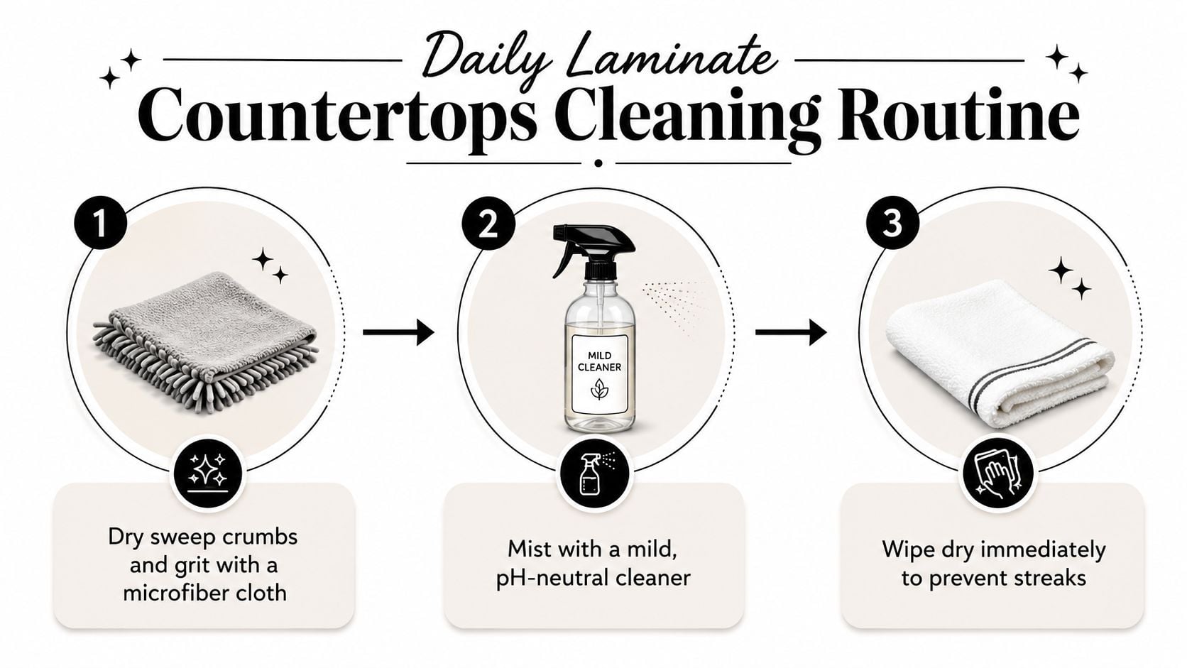 A simple three-step infographic showing how to clean laminate countertops using a cloth and mild cleaner.