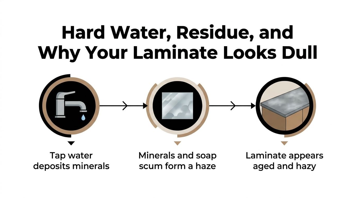 A diagram explaining how tap water minerals and soap scum cause laminate countertops to look dull.