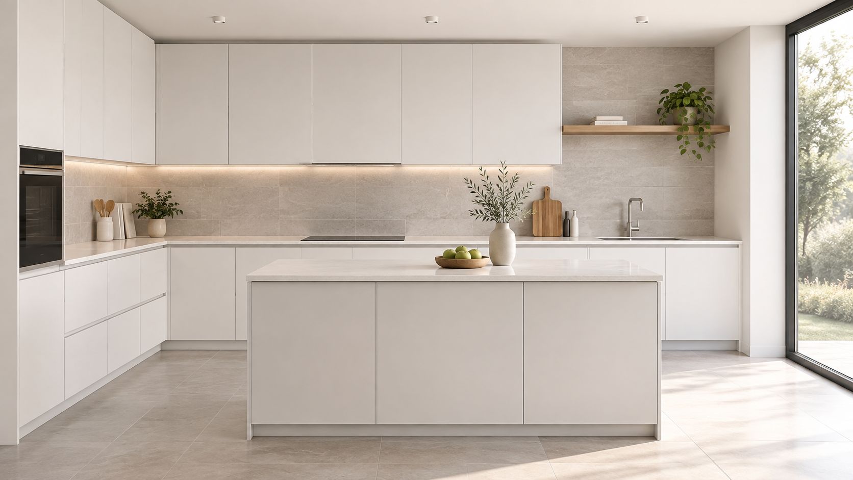 A modern kitchen with matte white cabinets, stone countertops, a central island, and large glass patio doors.