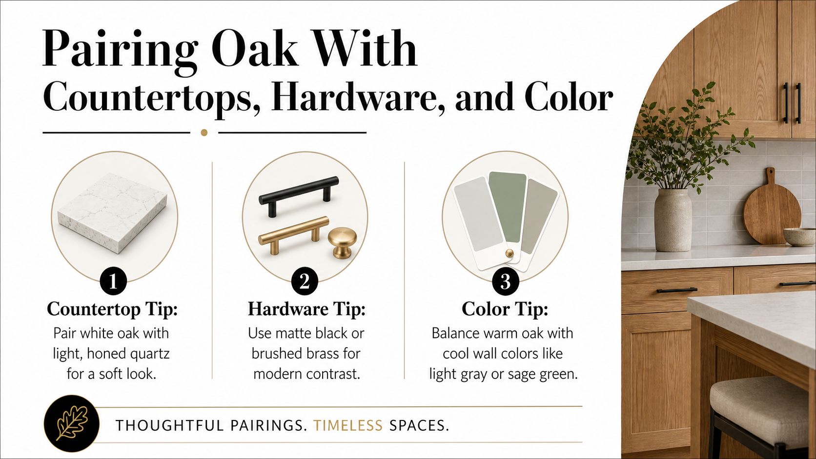 An infographic showing tips for pairing oak cabinetry with quartz countertops, metal hardware, and cool paint colors.
