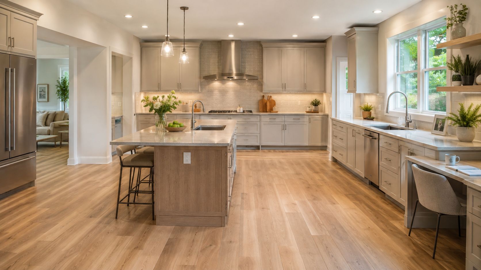 A bright, modern farmhouse kitchen featuring a large wooden island with bar stools and light gray cabinetry.