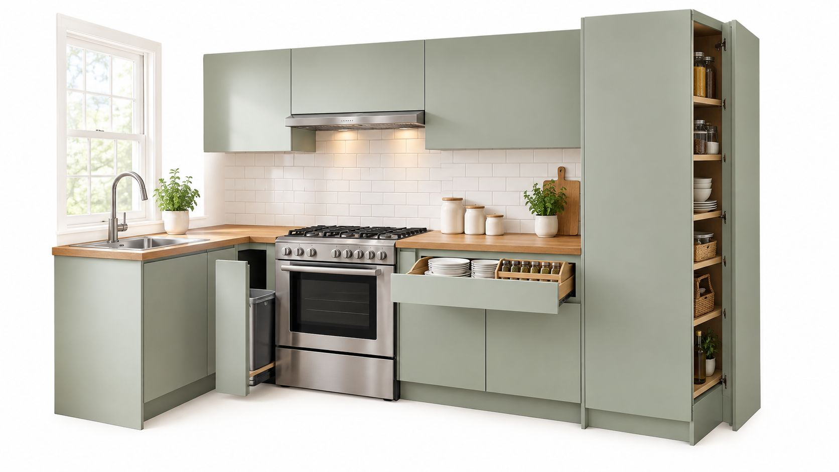A sage green 10x10 kitchen cabinet set featuring a stainless steel stove, built-in pantry, and functional corner storage.