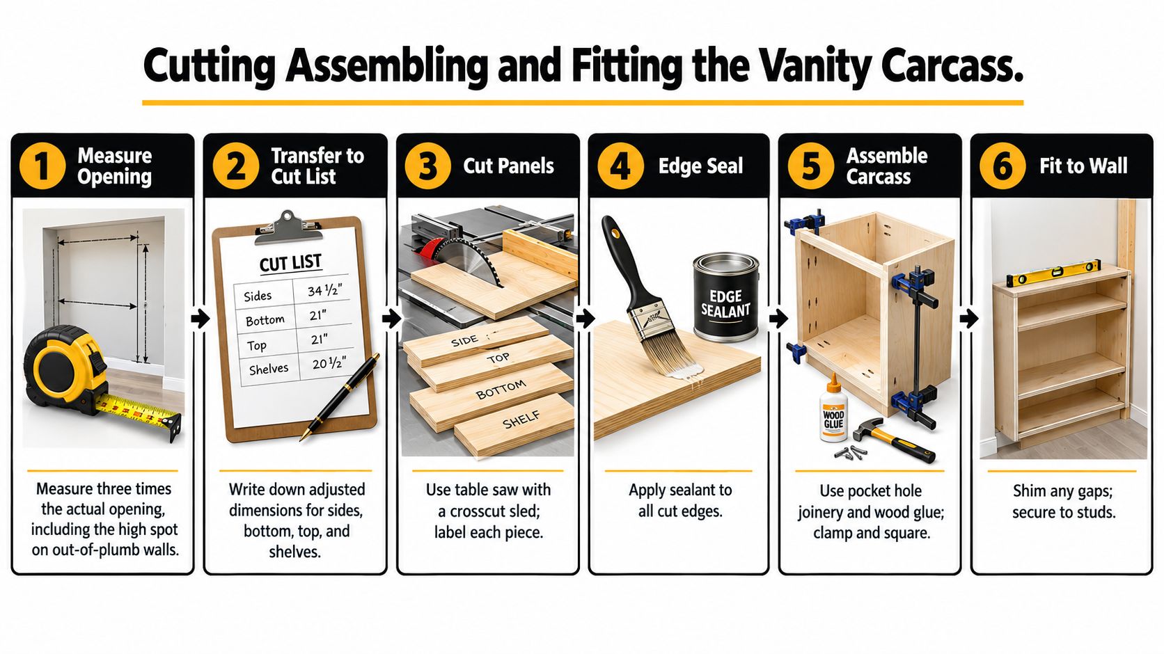 A six-step infographic guide detailing the process of measuring, cutting, and assembling a custom bathroom vanity carcass.