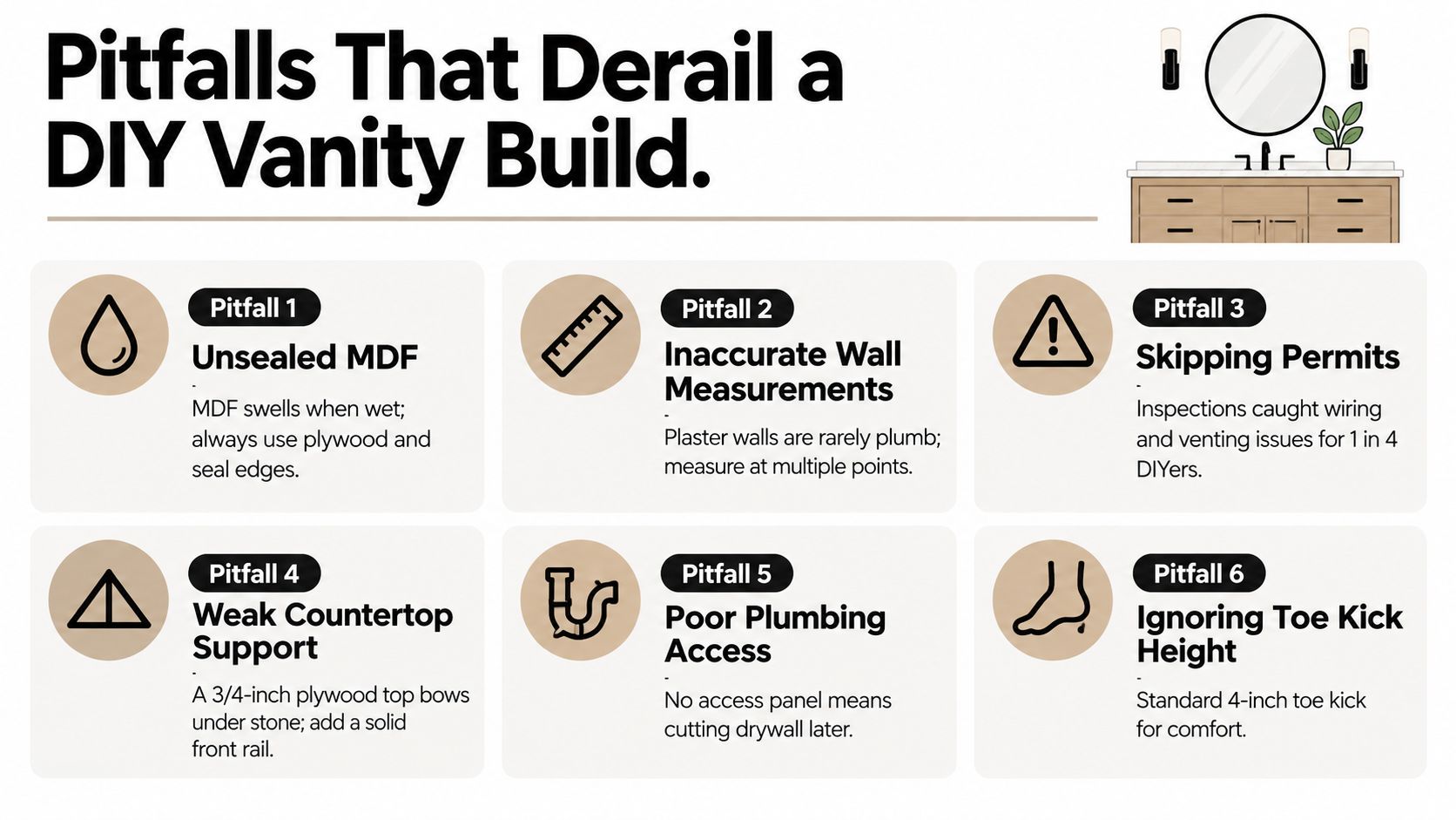 An infographic detailing six common mistakes to avoid when building a DIY bathroom vanity.