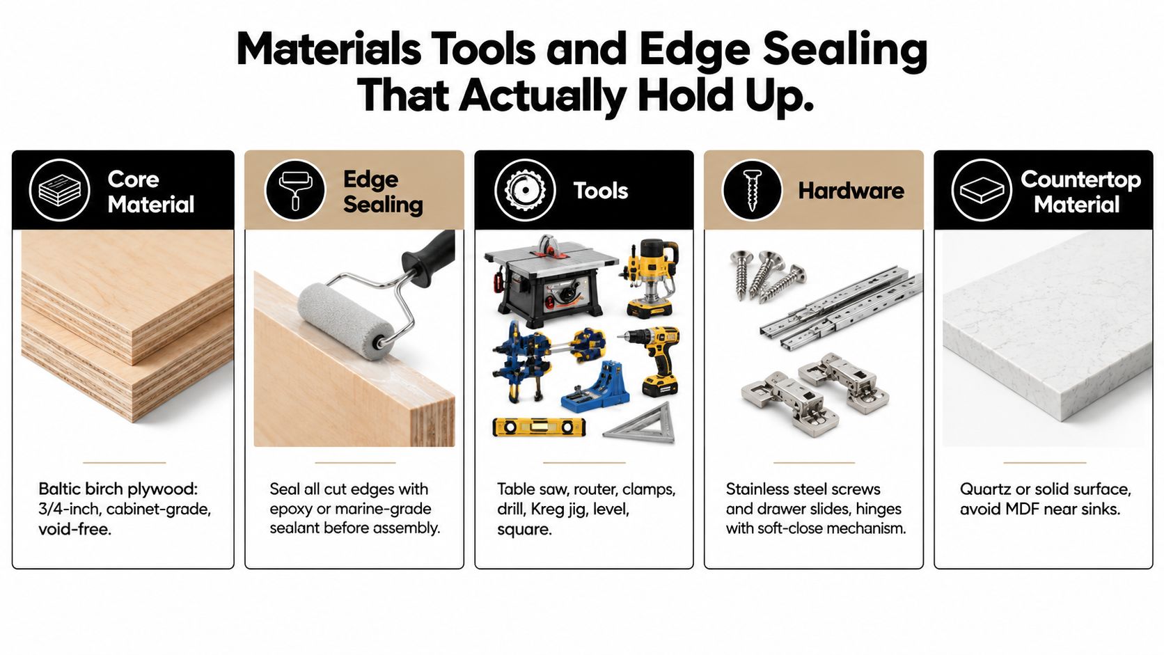 A infographic chart illustrating essential materials and tools for building a long-lasting bathroom vanity cabinet.