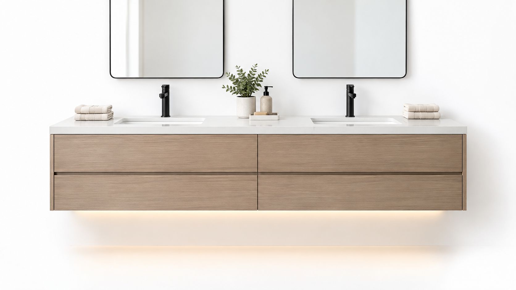 A modern double sink floating bathroom vanity featuring light wood cabinets and a sleek white countertop.