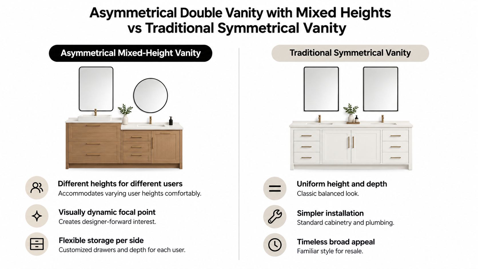 A comparison graphic showing an asymmetrical mixed-height bathroom vanity versus a traditional symmetrical double vanity design.