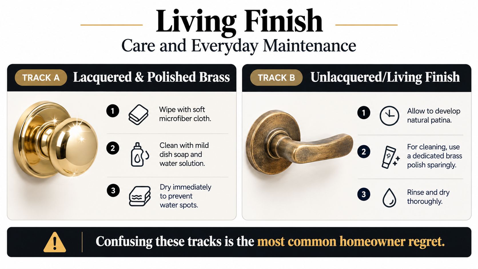 A guide explaining different care and maintenance instructions for lacquered brass versus unlacquered living finish hardware.