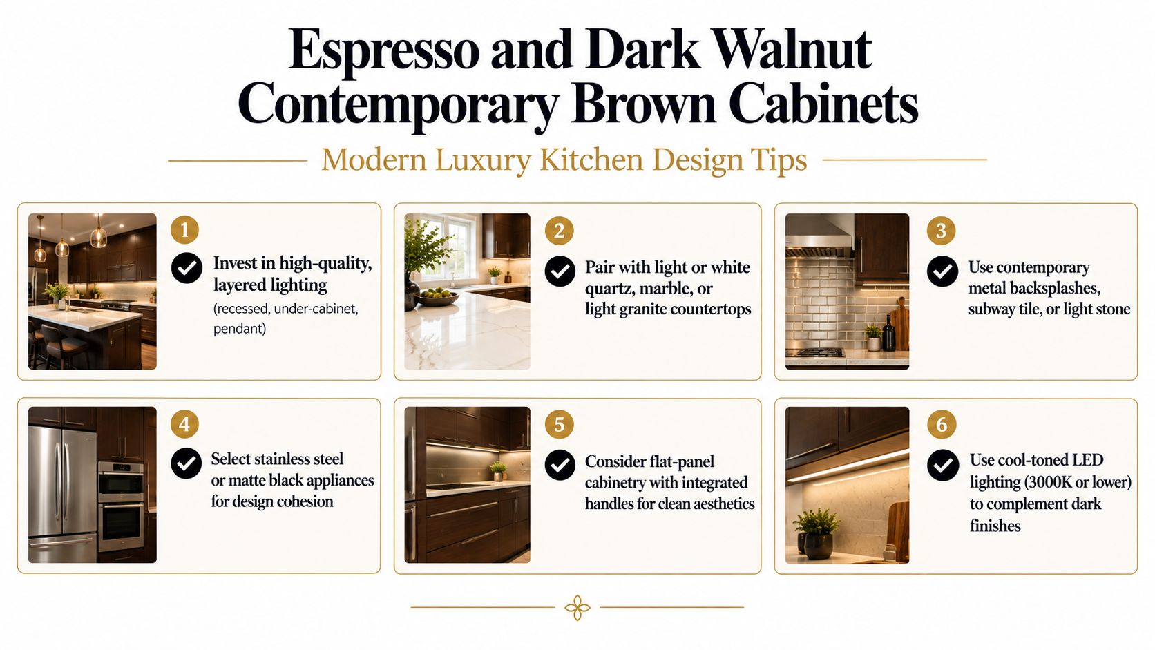 An infographic showing six modern design tips for styling kitchens with dark espresso and walnut brown cabinets.