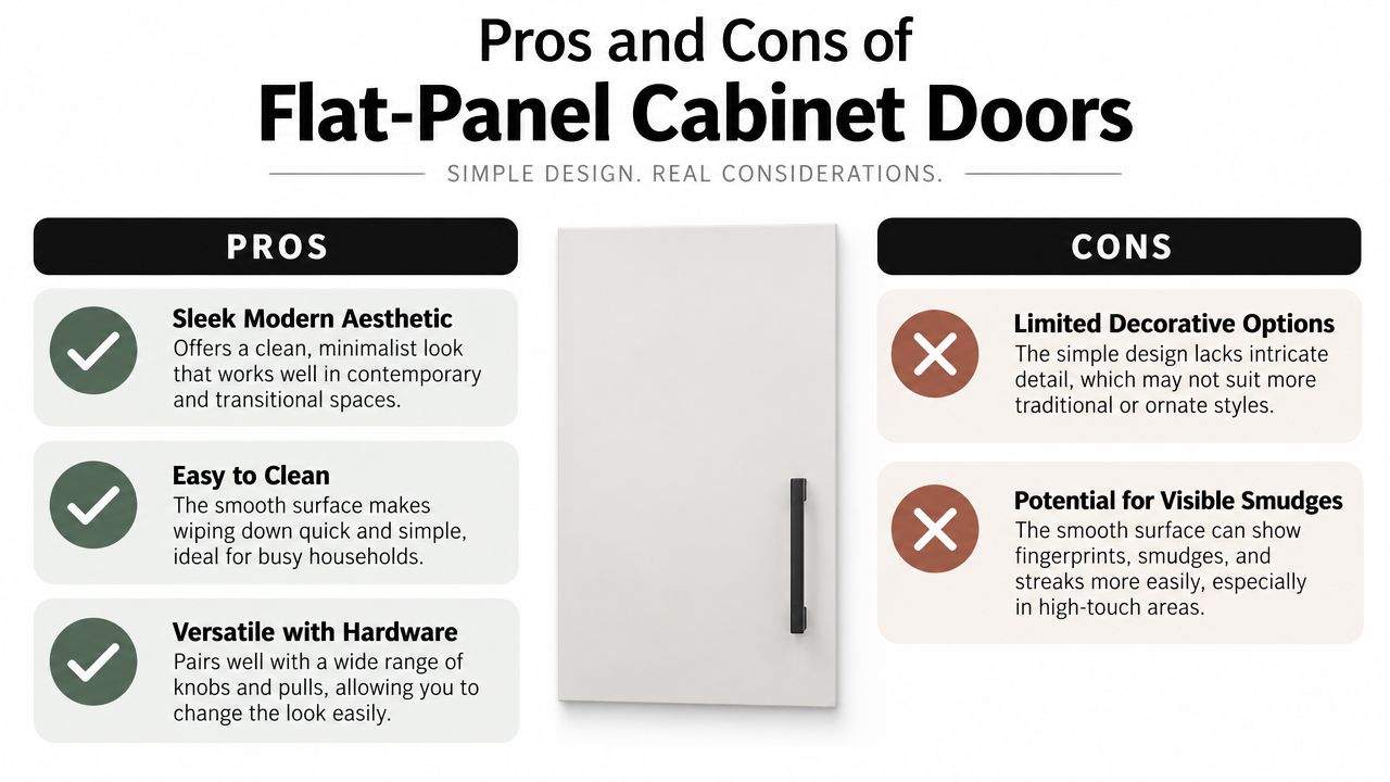An infographic showing the pros and cons of flat panel cabinet doors for home kitchen renovations.