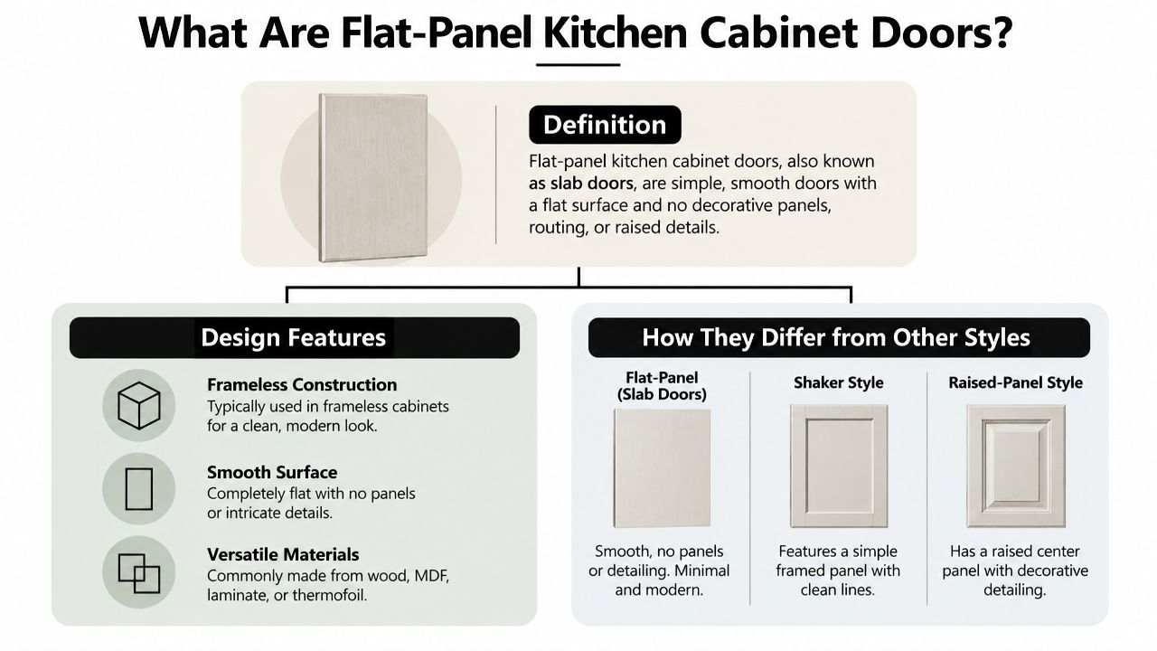 An infographic defining flat panel kitchen cabinet doors as simple, smooth slab doors with a modern design.