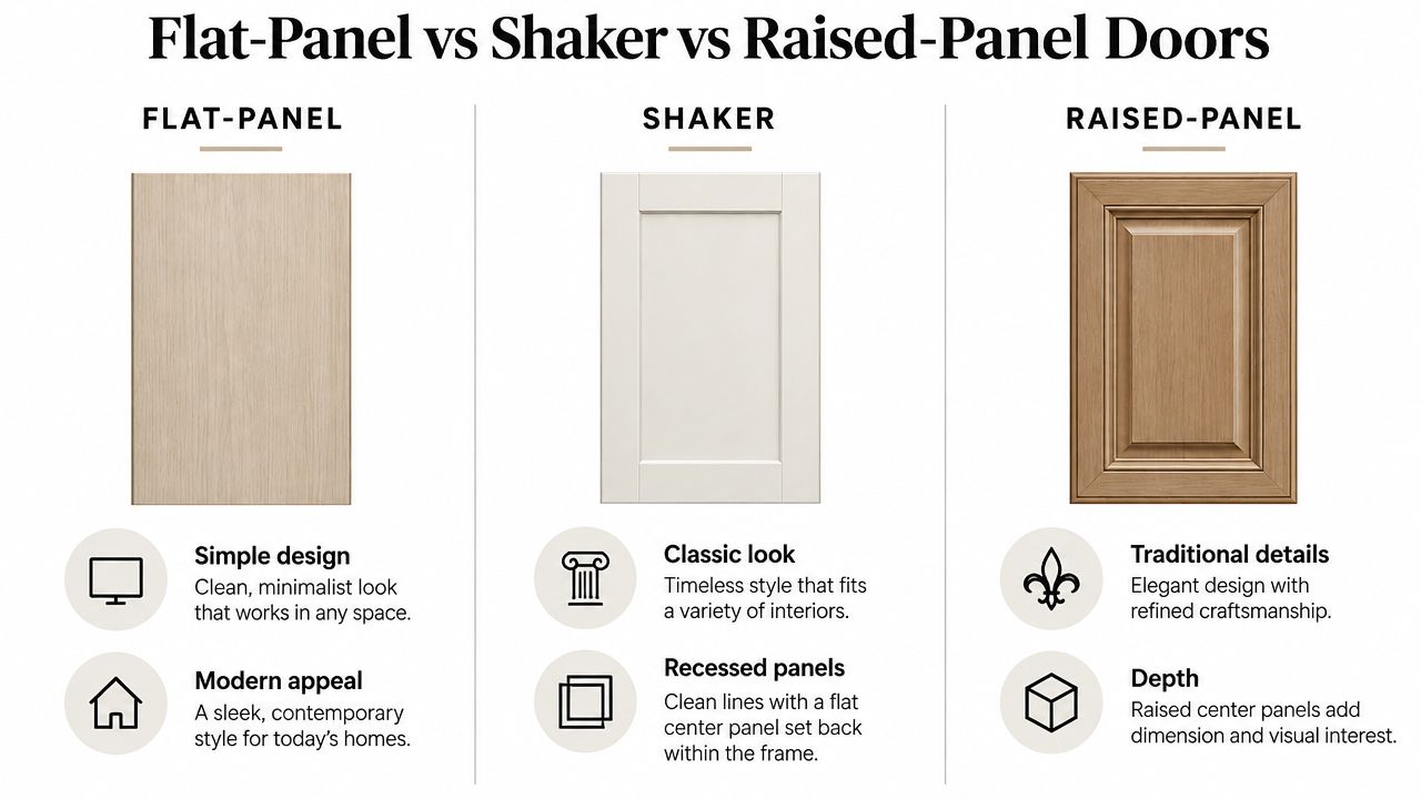 A comparison chart highlighting the differences between flat-panel, shaker, and raised-panel kitchen cabinet door styles.