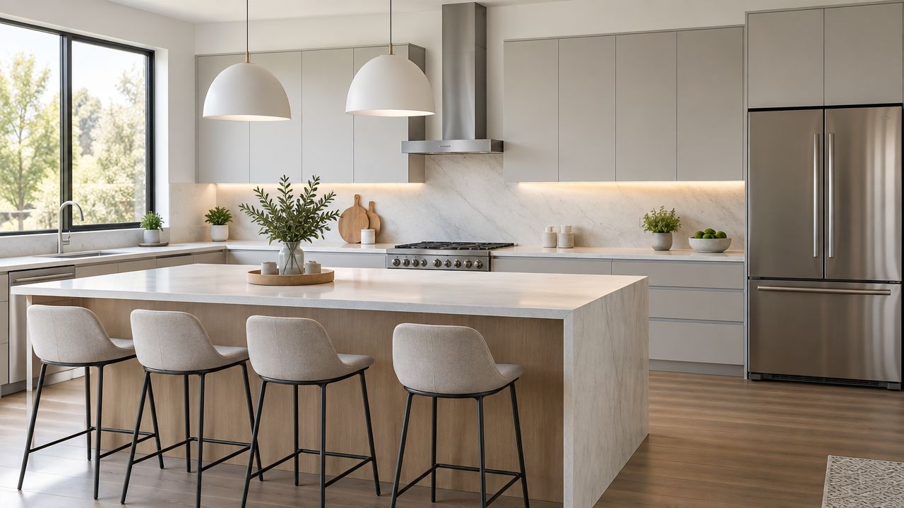 A bright, modern kitchen featuring flat panel cabinet doors, a large marble island, and stainless steel appliances.