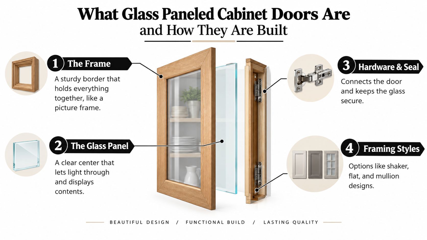 A diagram explaining the components of glass paneled cabinet doors, including the frame, glass panel, hardware, and framing styles.