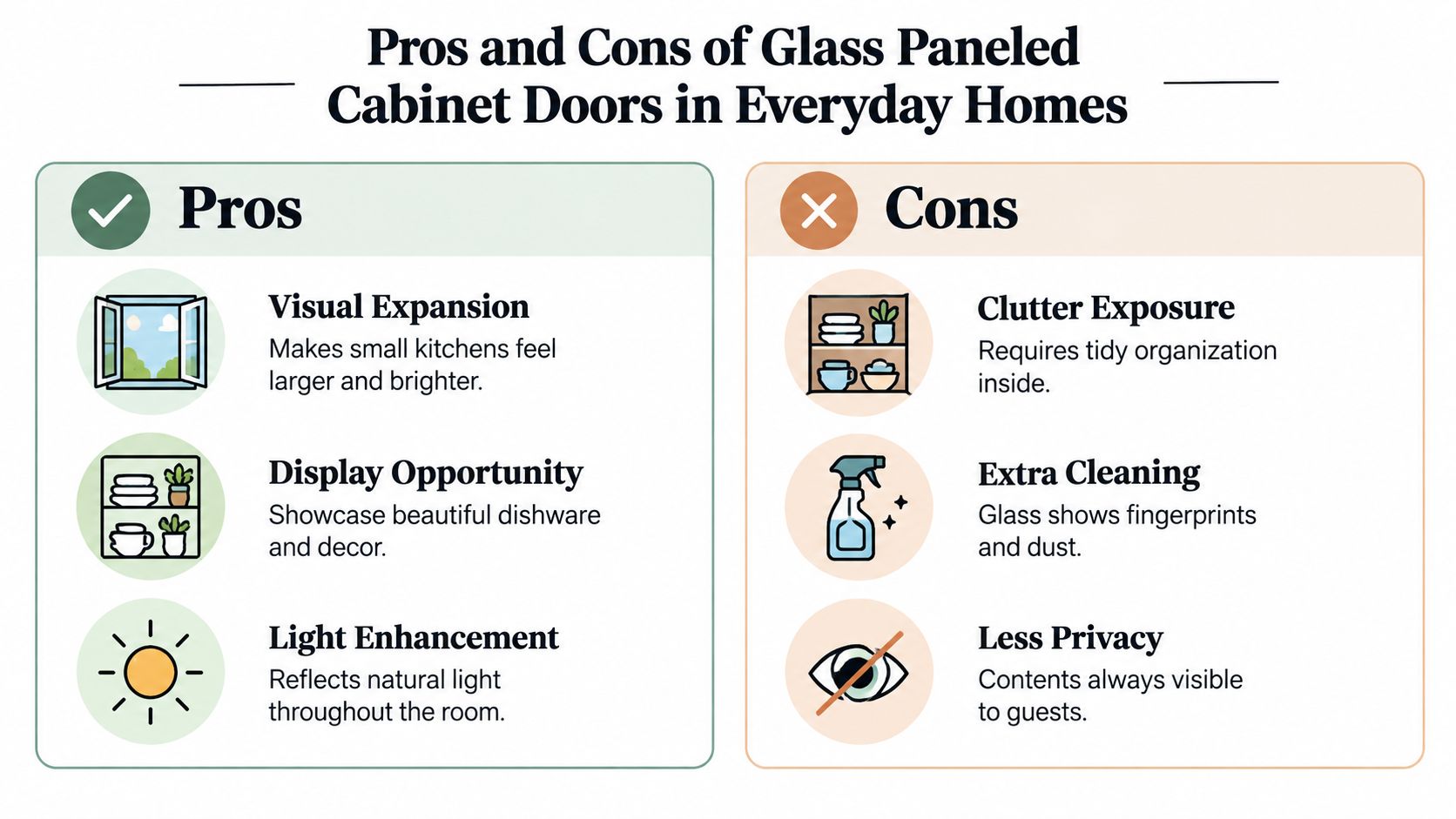 An infographic comparing the pros and cons of using glass paneled cabinet doors in residential kitchens.