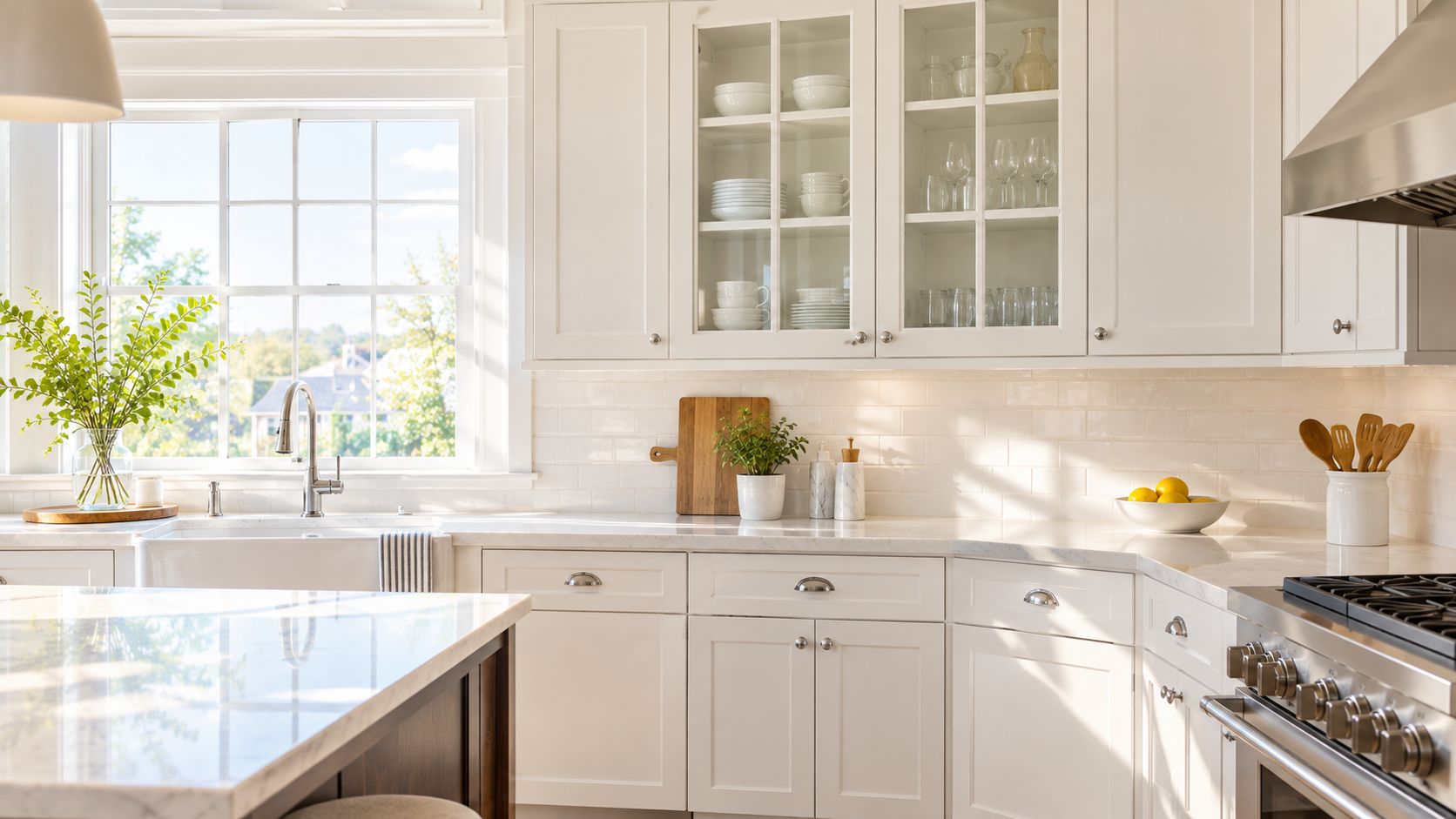 A sunlit, modern white kitchen featuring classic glass paneled cabinet doors, marble countertops, and a farmhouse sink.