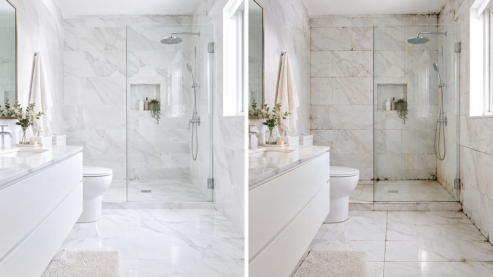 A split image showing a clean marble bathroom versus the same bathroom with dirty stained tiles.