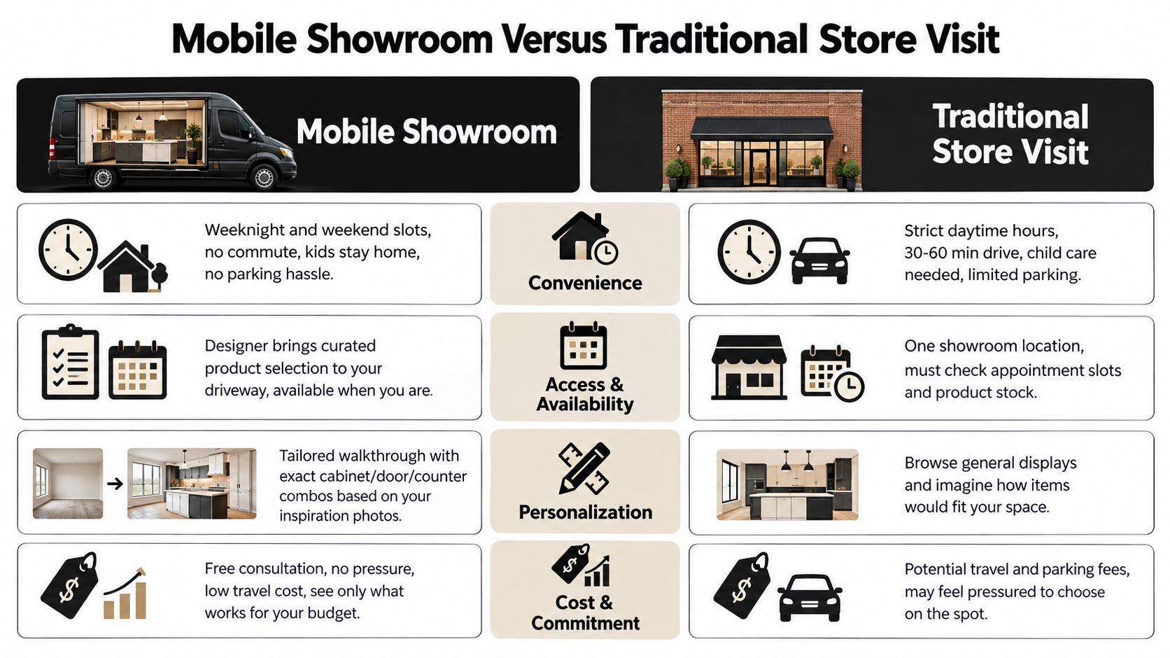 A comparison chart highlighting the benefits of a mobile kitchen showroom versus visiting a traditional store.