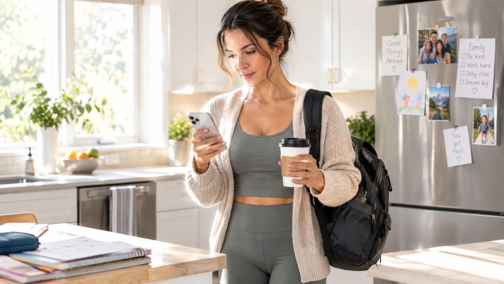 A woman wearing workout clothes and a cardigan holds a coffee cup and phone in a kitchen.