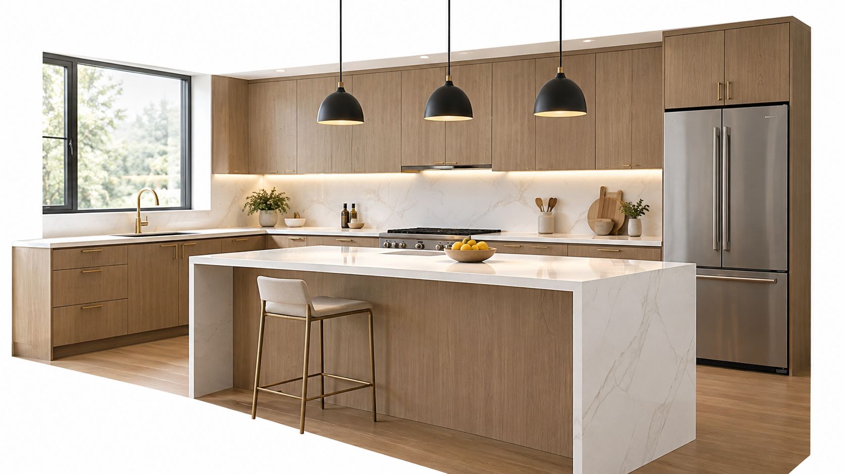 A modern kitchen featuring wood cabinets, white stone countertops, an island with seating, and stainless steel appliances.