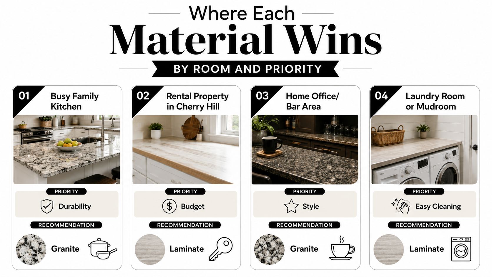 A comparison chart showing when to choose granite or laminate countertops based on room and priority.