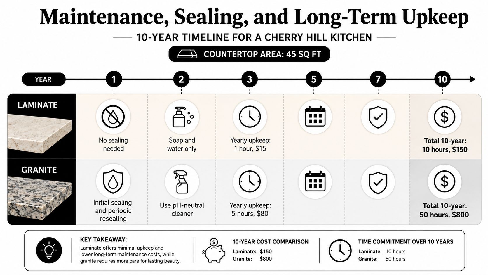 A 10-year maintenance comparison chart showing the differences in time and cost between laminate and granite countertops.