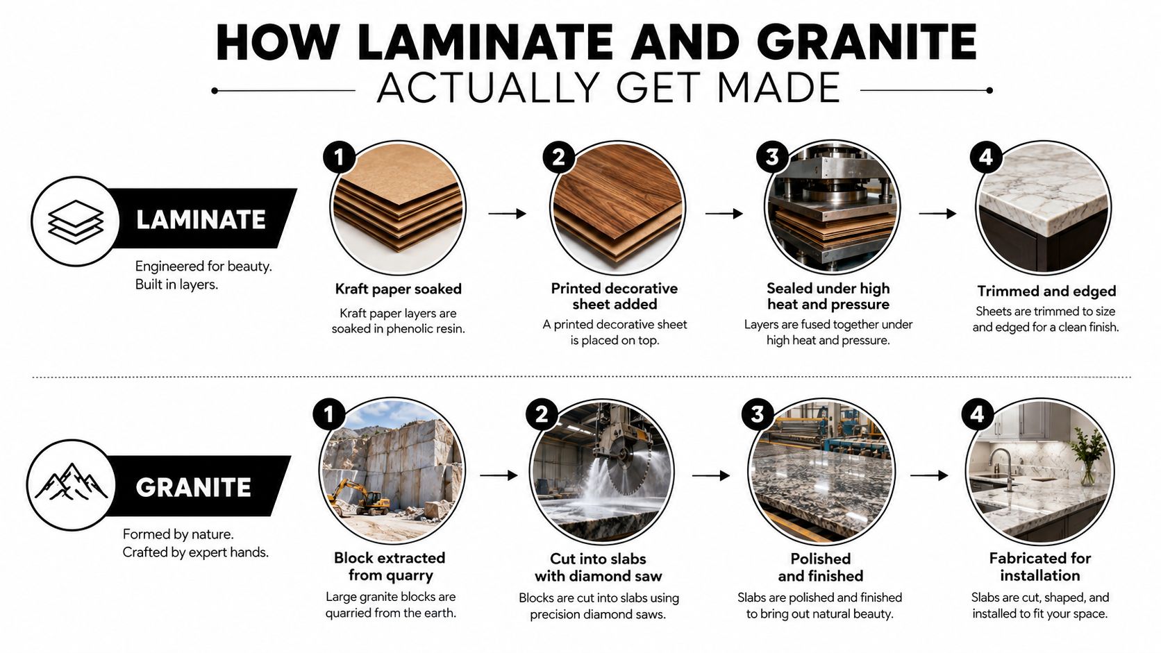 An infographic showing the manufacturing processes of laminate countertops versus the fabrication of granite countertops.