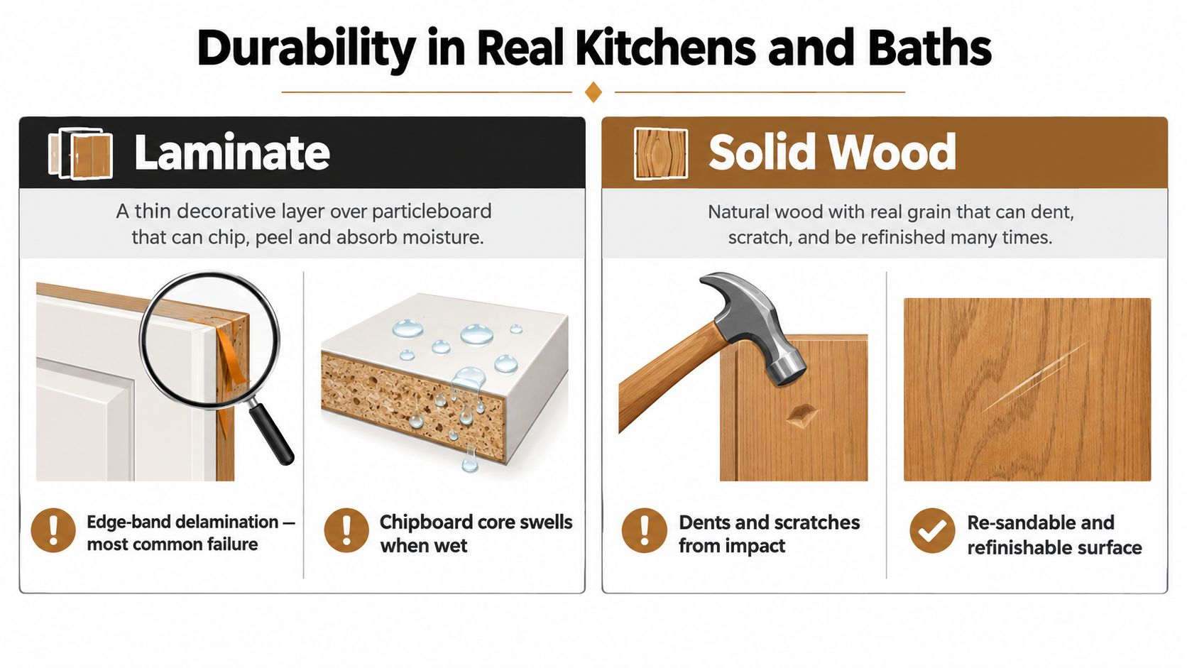 A comparison infographic showing the durability of laminate versus solid wood kitchen and bath cabinets.