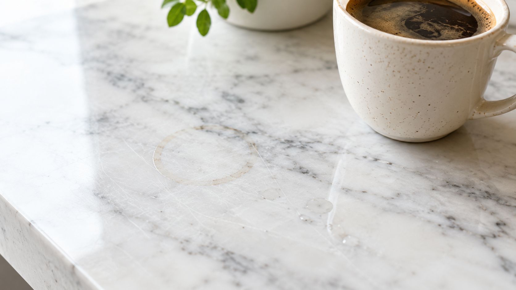 A cup of coffee sits on a marble kitchen countertop with a visible brown circular coffee stain ring.