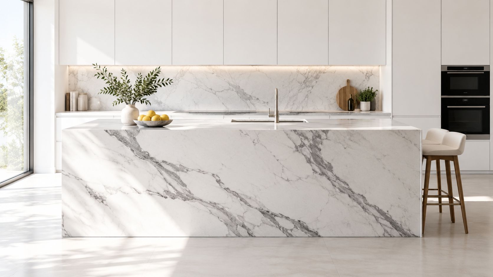 A modern luxury kitchen featuring a large white marble kitchen island with dramatic grey veins.