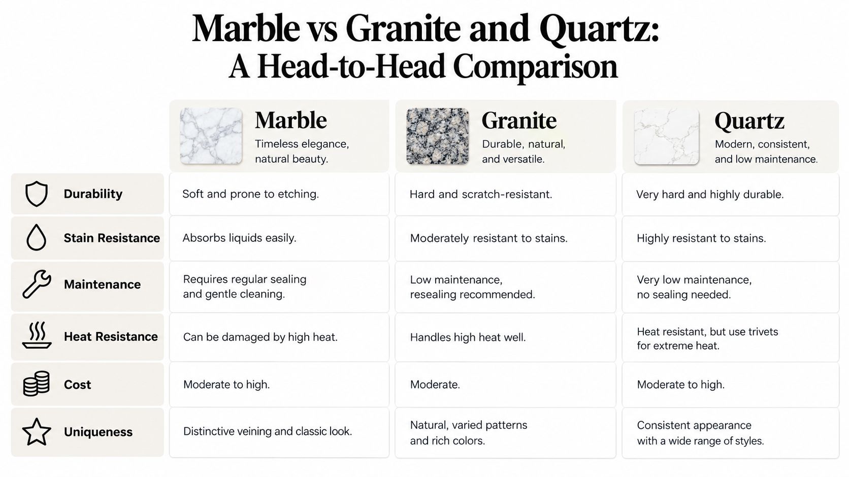 A comparison chart outlining the pros and cons of marble, granite, and quartz kitchen countertop materials.
