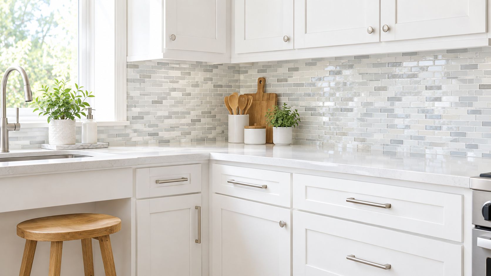 A clean, modern white kitchen featuring a glass mosaic tile backsplash, marble countertop, and wooden bar stool.