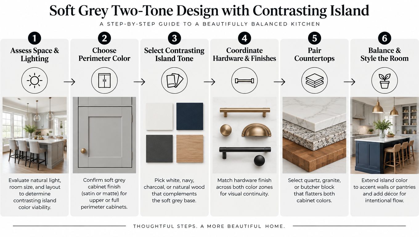A six-step infographic guide on designing a soft grey two-tone kitchen with a contrasting island design.