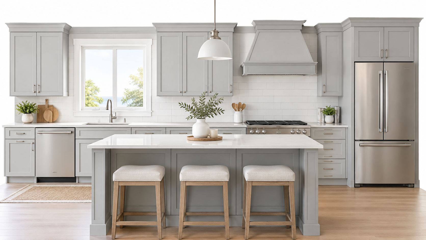 A modern kitchen design featuring soft grey cabinets, a white marble island with stools, and stainless steel appliances.
