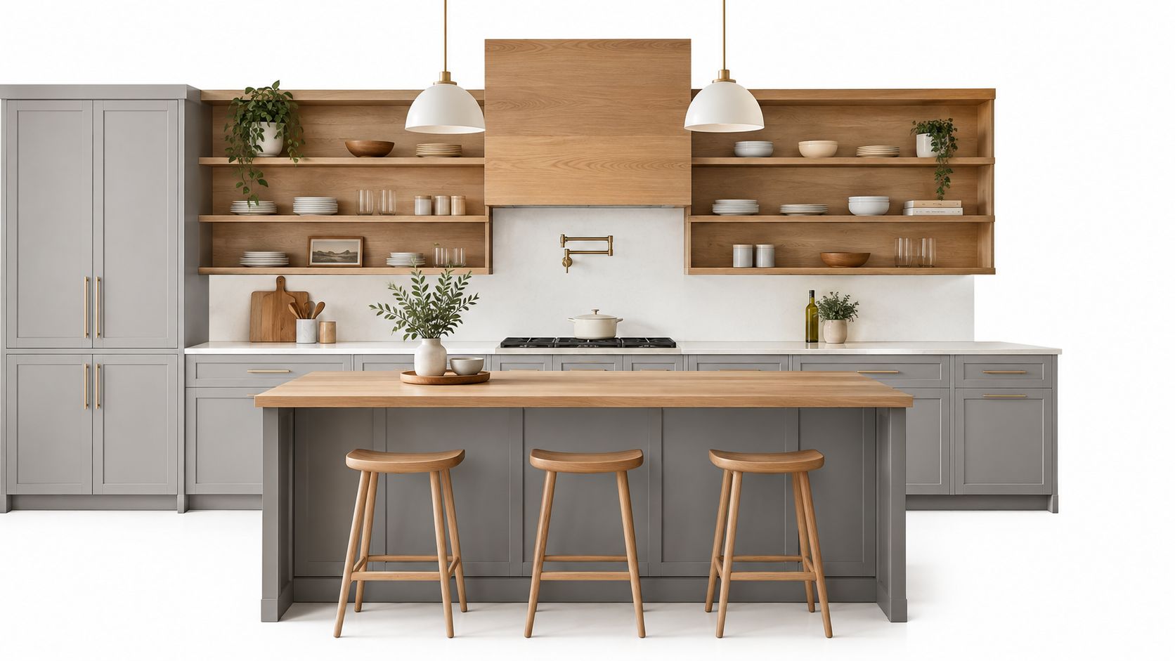 A modern kitchen design featuring soft grey cabinets, a wooden island, open shelving, and minimalist bar stools.