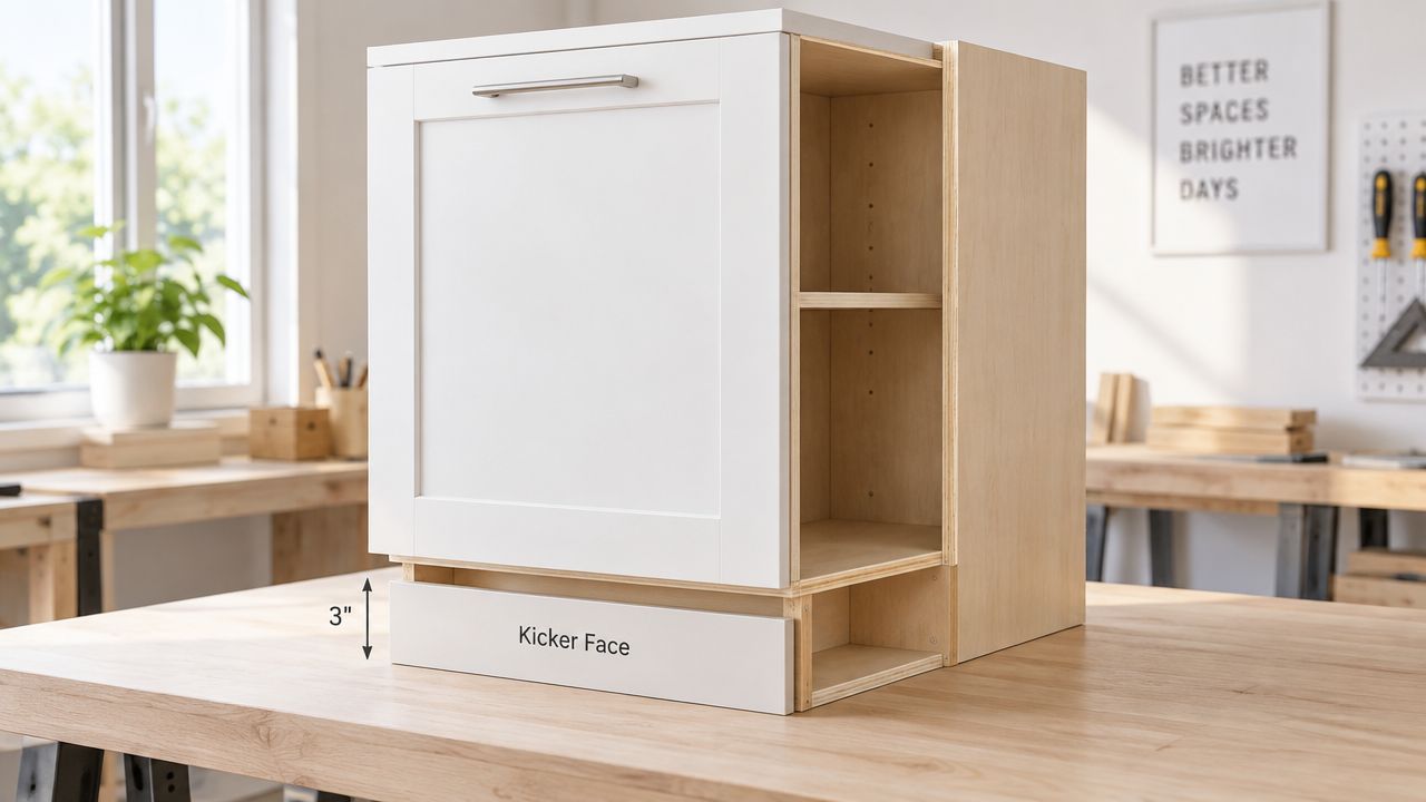 A custom wooden kitchen cabinet assembly sits on a workbench showcasing a white three-inch toe kick section.