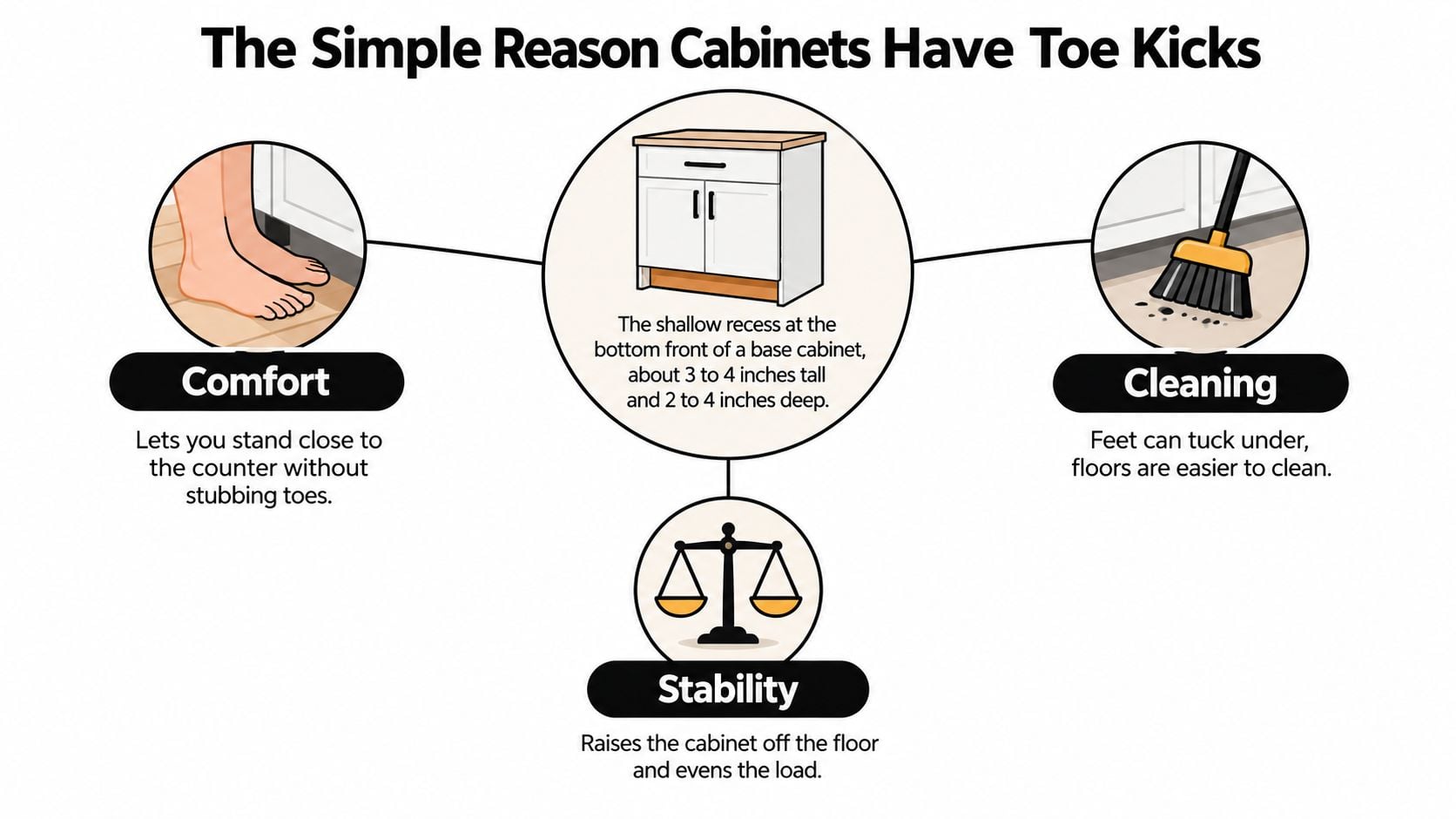 An infographic explaining that toe kicks provide comfort, stability, and easier cleaning for kitchen base cabinets.