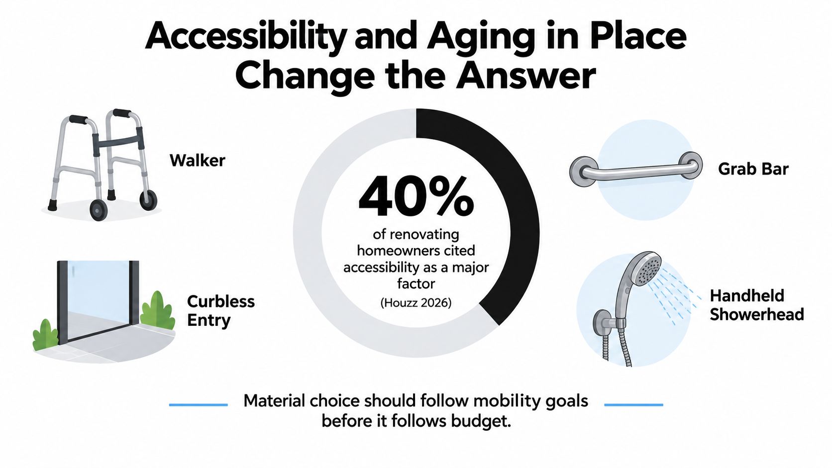 An infographic showing that 40% of renovating homeowners consider accessibility, featuring icons for accessibility tools.