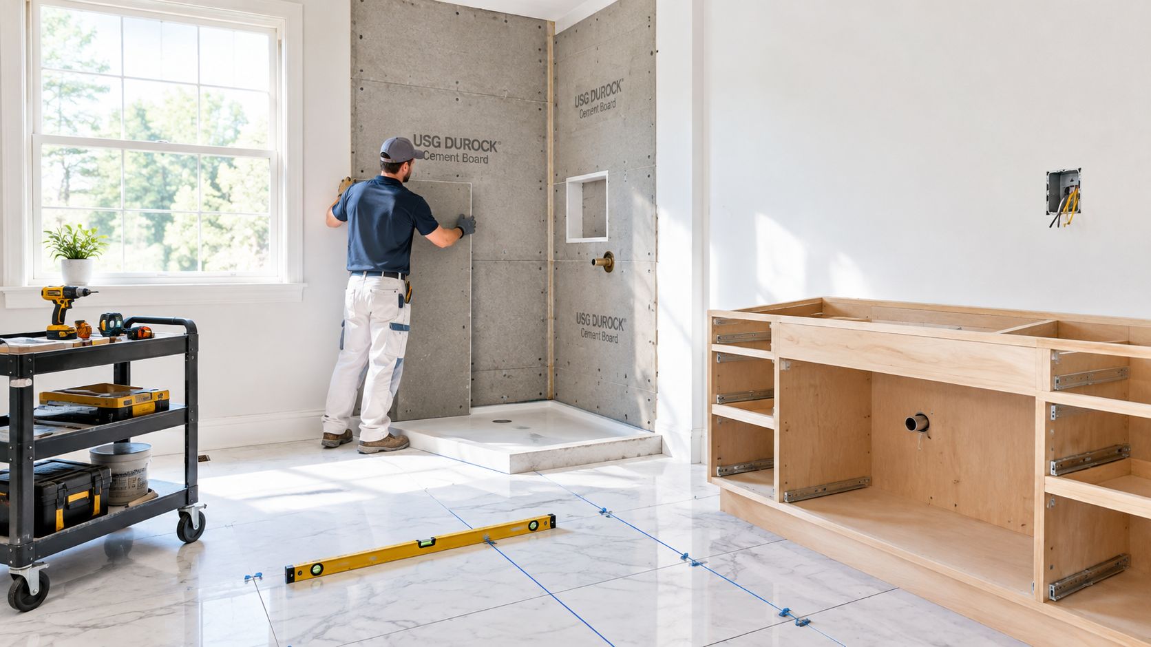 A construction worker installs USG Durock cement board panels in a bathroom remodel project.