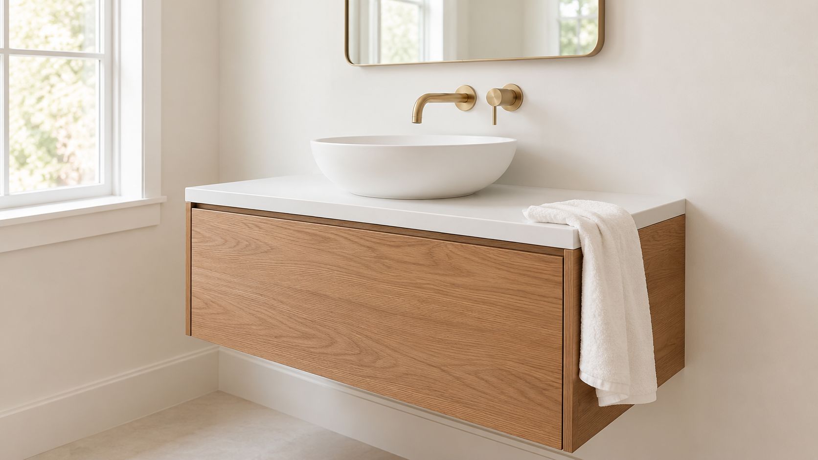 A minimalist floating wooden bathroom vanity with a white vessel sink and gold wall-mounted faucet.