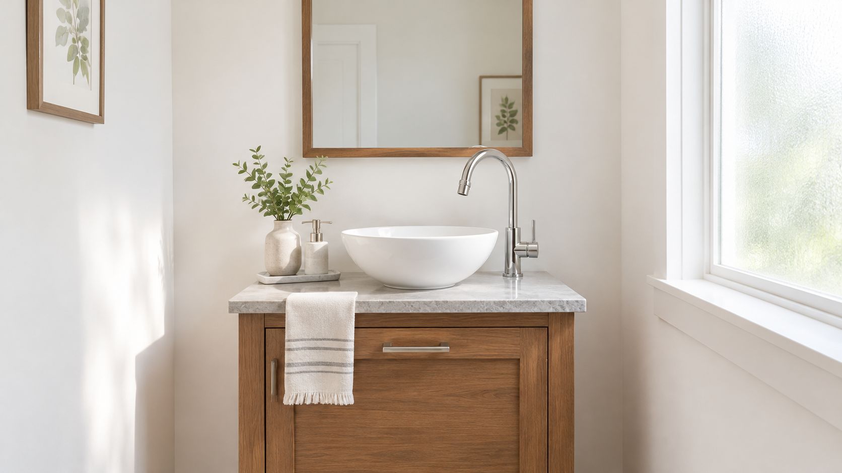 A minimalist wooden bathroom vanity featuring a white vessel sink, silver faucet, and a decorative plant.